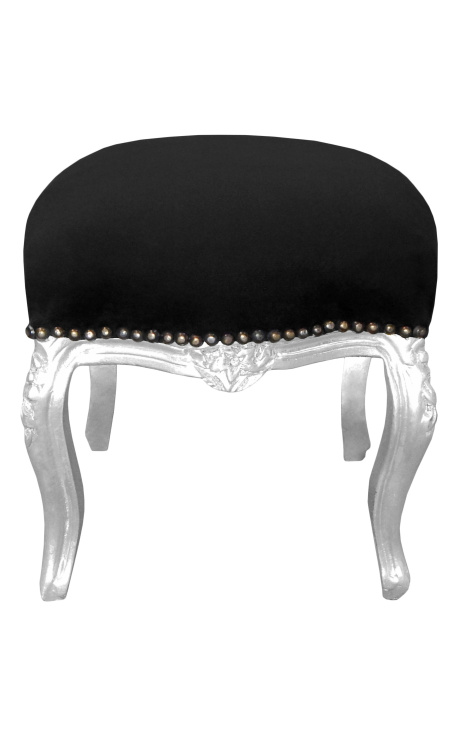 Barroco escabelo Louis XV Tecido preto e madeira de prata - 1