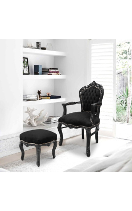 Armchair Baroque Rococo style black fabric and black lacquered wood 