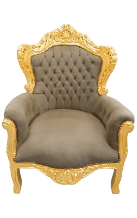 Big baroque style armchair taupe velvet and gold wood