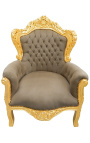 Big baroque style armchair taupe velvet texture and gold wood