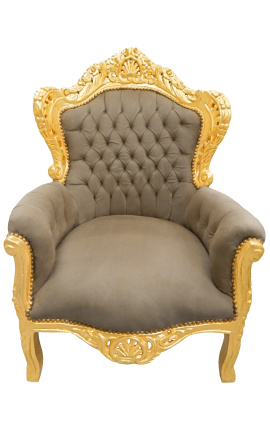 Grand fauteuil de style baroque tissu taupe capitonné et bois doré