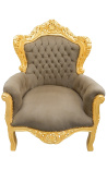 Grote fauteuil in barokstijl taupe fluwelen stof en goudkleurig hout