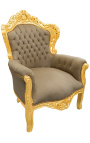 Duży fotel w stylu barokowym, aksamitna tkanina w kolorze ciemnoszarym i złote drewno