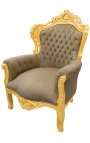 Grand fauteuil de style baroque tissu taupe capitonné et bois doré