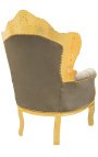 Grand fauteuil de style baroque tissu taupe capitonné et bois doré