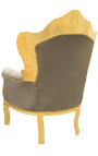 Duży fotel w stylu barokowym, aksamitna tkanina w kolorze ciemnoszarym i złote drewno