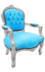 Fauteuil baroque enfant velours turquoise et bois argent