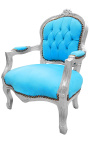Fotel w stylu barokowym dla dziecka turkusowy aksamit i srebrne drewno