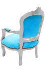 Fauteuil baroque enfant velours turquoise et bois argent