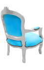 Fauteuil baroque enfant velours turquoise et bois argent