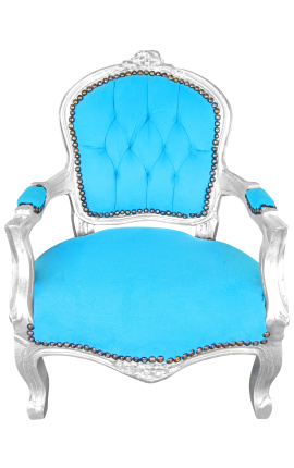 Baroque armchair for child turquoise velvet and silver wood