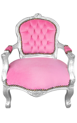 Πολυθρόνα για παιδί ροζ βελούδο και ασημί ξύλο