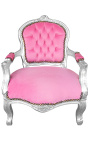 Poltrona barocca per bambini in velluto rosa e legno argentato