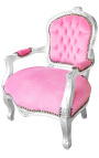 Poltrona barocca per bambini in velluto rosa e legno argentato