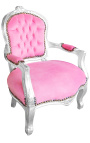 Fauteuil voor kind roze fluweel en zilver hout