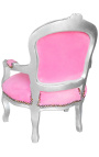 Fauteuil baroque enfant velours rose et bois argent