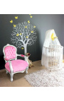 Fauteuil voor kind roze fluweel en zilver hout