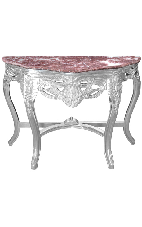 Baroque console with silvered wood and red marble