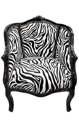 Bergere armchair Louis XV style with zebra fabric and black shine wood