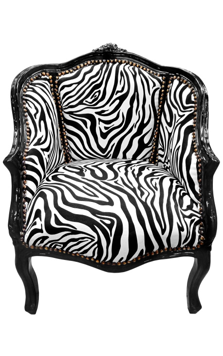 Krzesło Bergere Louis XV styl z tkaniny zebry i glossy czarne drewno - 1