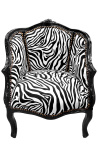 Bergere-stol Louis XV stil med zebra tyg och glossy svart trä - 1