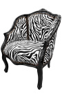 Bergere armchair Louis XV style with zebra fabric and glossy black wood