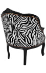 Bergere armchair Louis XV style with zebra fabric and glossy black wood