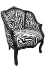 Fotel Bergere w stylu Ludwika XV z tkaniną zebry i błyszczącym czarnym drewnem