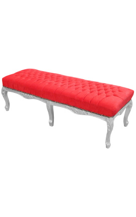 Flat Bench Louis XV style red velvet fabric and silver wood