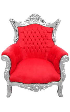 Grand fauteuil Baroque rococo velours rouge et bois argent