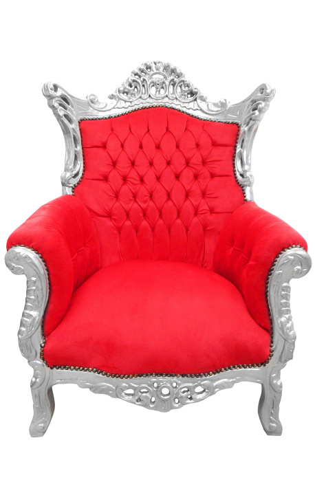 Grand Rococo Baroko fotelis raudonas aksomas ir sidabro mediena
