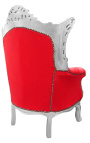 Grand fauteuil Baroque rococo velours rouge et bois argent