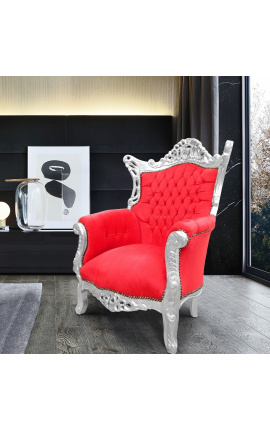 Grand fauteuil Baroque rococo velours rouge et bois argent