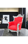 Fotel Grand Rococo Barokowy czerwony aksamit i srebrne drewno