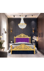 Barokní postel fialová sametová látka a zlaté dřevo