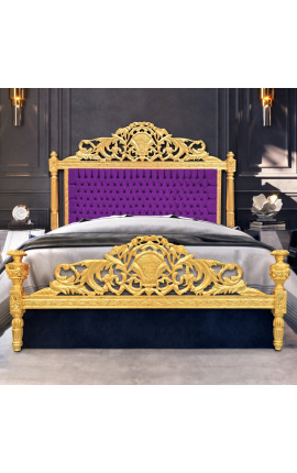Barok bed paarse fluwelen stof en goud hout