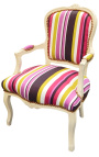Baroque armchair of Louis XV style stripped multi-colored fabric and beige lacquered wood