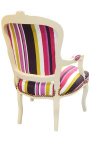 Baroque armchair of Louis XV style stripped multi-colored fabric and beige lacquered wood