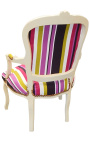 Baroque armchair of Louis XV style stripped multi-colored fabric and beige lacquered wood - 15