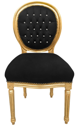 Louis XVI sedia di stile velluto nero con strass e legno dorato