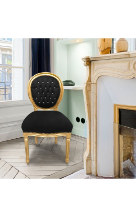 Louis XVI style chair black velvet with rhinestones and gold wood