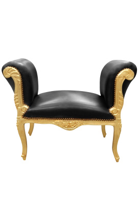 Barokowa ławka w stylu Ludwika XV czarna sztuczna skóra i drewno złote