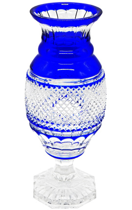 Grande vaso blu in cristallo foderato in stile Carlo X a coste