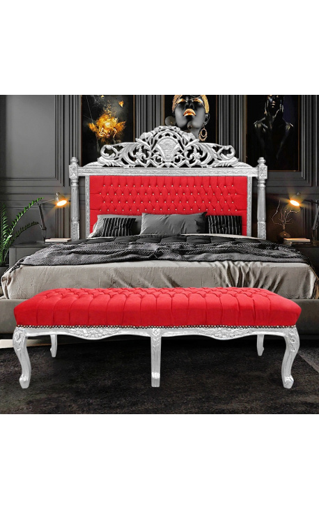 Baroque bed headboard red velvet fabric with rhinestones and silver wood