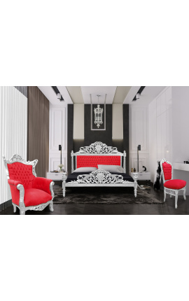 Baročna postelja iz rdečega žametnega blaga z kamenčki in srebrnim lesom