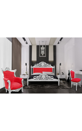 Letto barocco tessuto in velluto rosso con strass e legno argentato