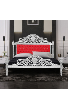 Baročna postelja iz rdečega žametnega blaga z kamenčki in srebrnim lesom