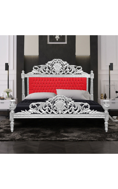 Baroque bed red velvet fabric with rhinestones and silver wood