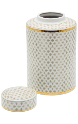 Decorative cylindrical &quot;Ature&quot; urn in beige and gold enameled ceramic GM