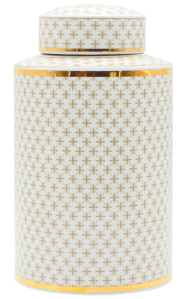 Decorative cylindrical "Ature" urn in beige and gold enameled ceramic GM